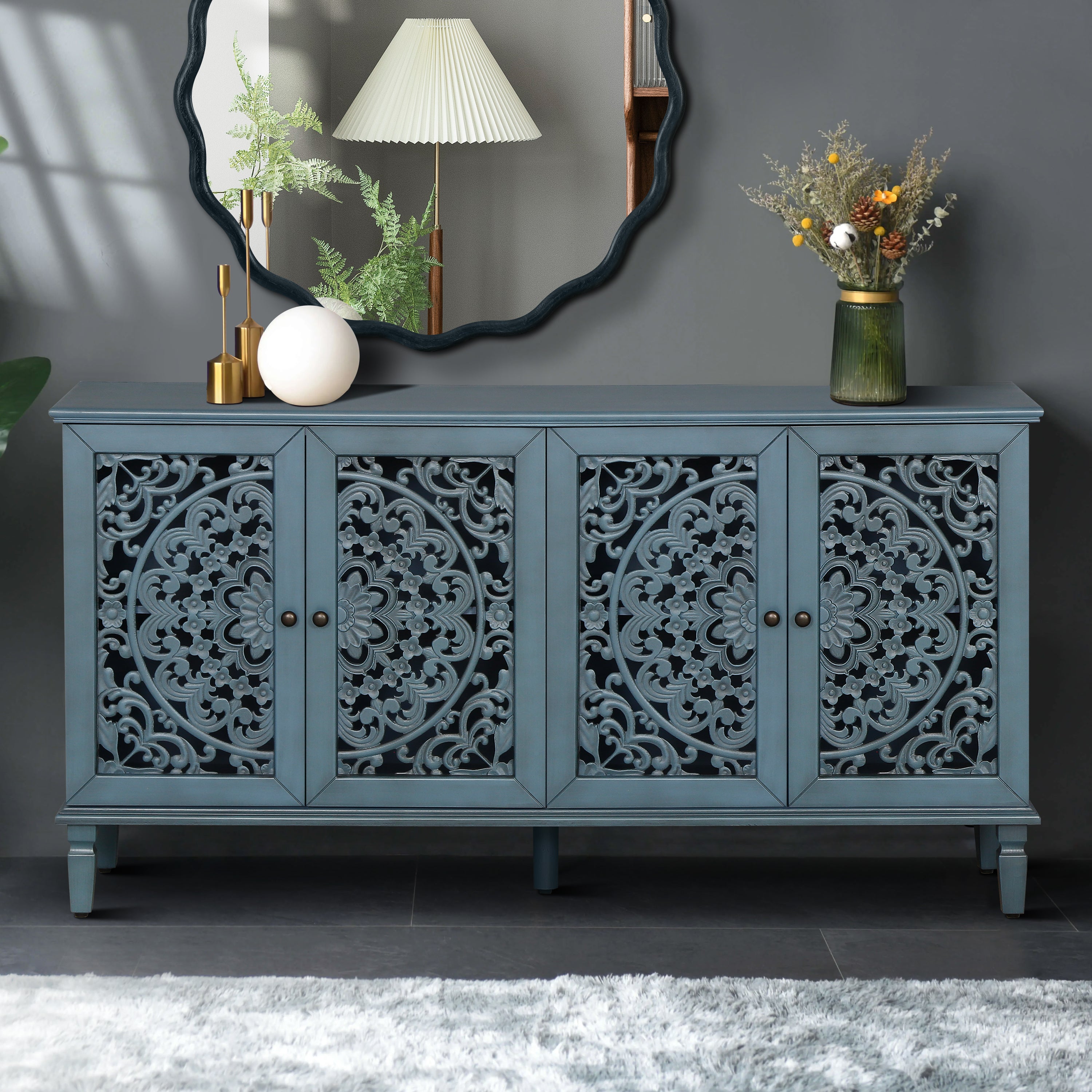 Antique Carved Sideboard Buffet, 60in Blue 4-Door TV Stand