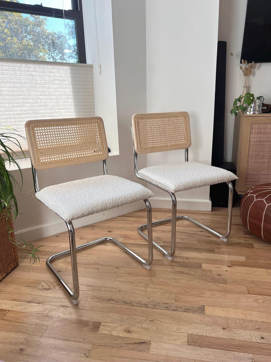 Midcentury Modern Dining Chair Set of 2 - White Boucle with Rattan Accents