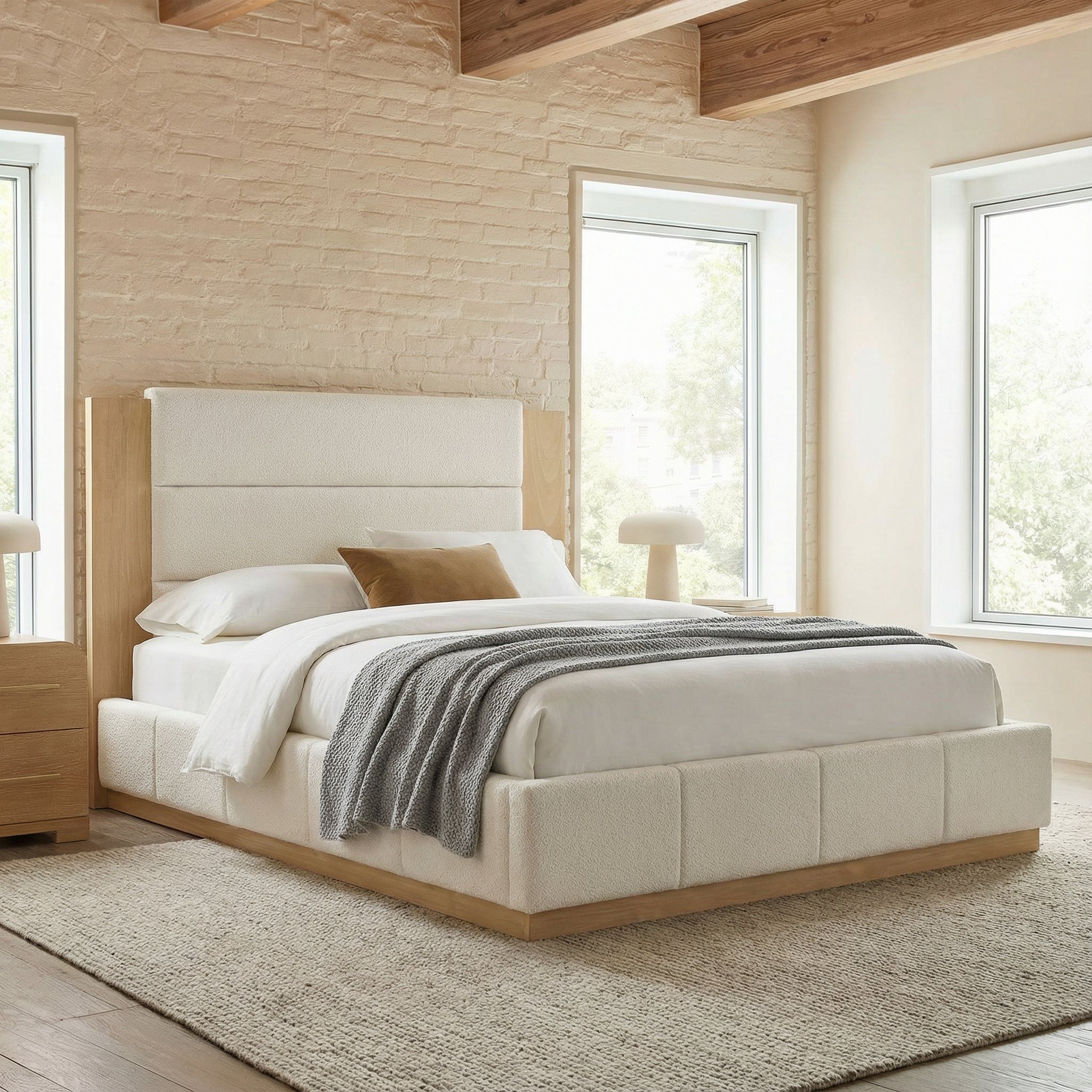 White boucle upholstered queen bed styled in a bright brick-wall bedroom, light oak extended headboard, grey throw #Color_White Boucle