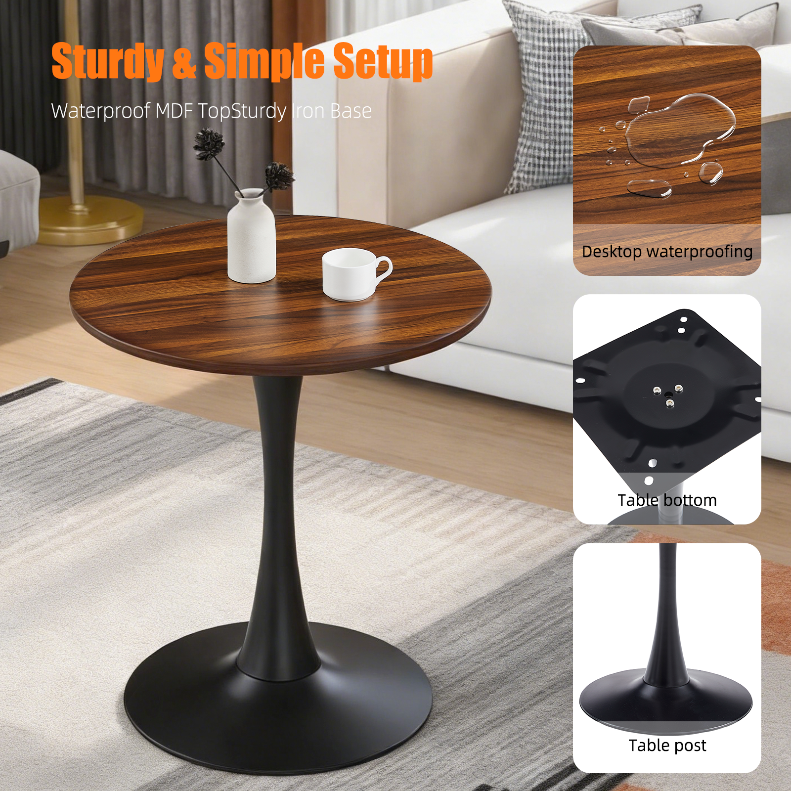 Styled living room with dark wood-grain bistro table, insets showing waterproof top and iron base