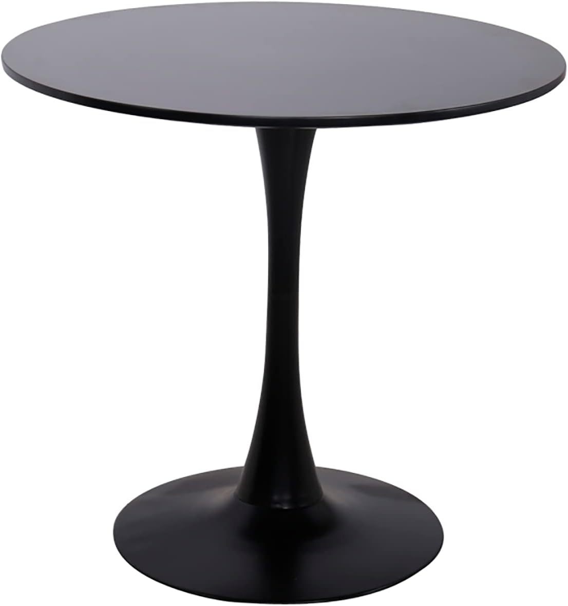 Black round dining table with metal pedestal on a plain white studio background, front view