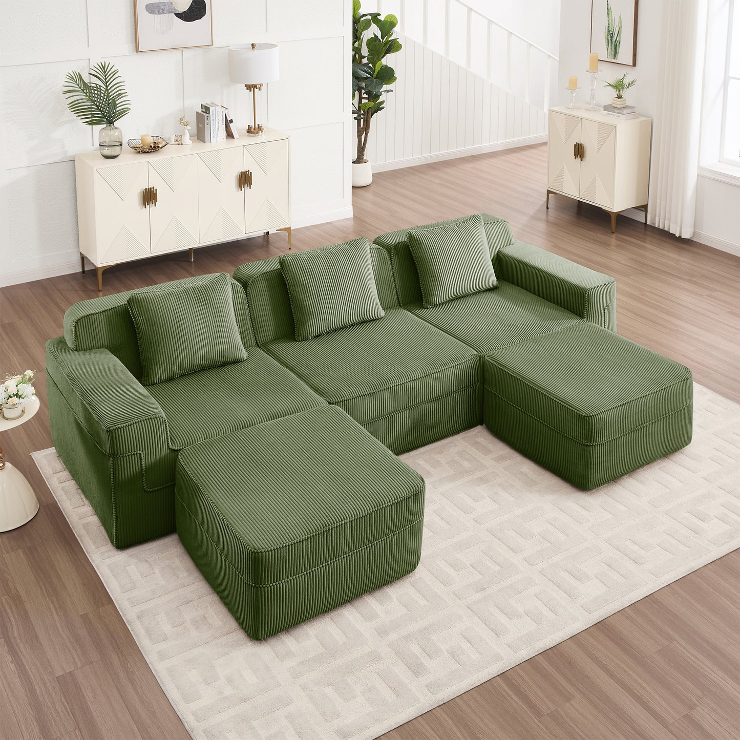 Boneless Couch – 3 Seater with 2 Ottomans, Olive Green