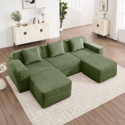 Boneless Couch – 3 Seater with 2 Ottomans, Olive Green