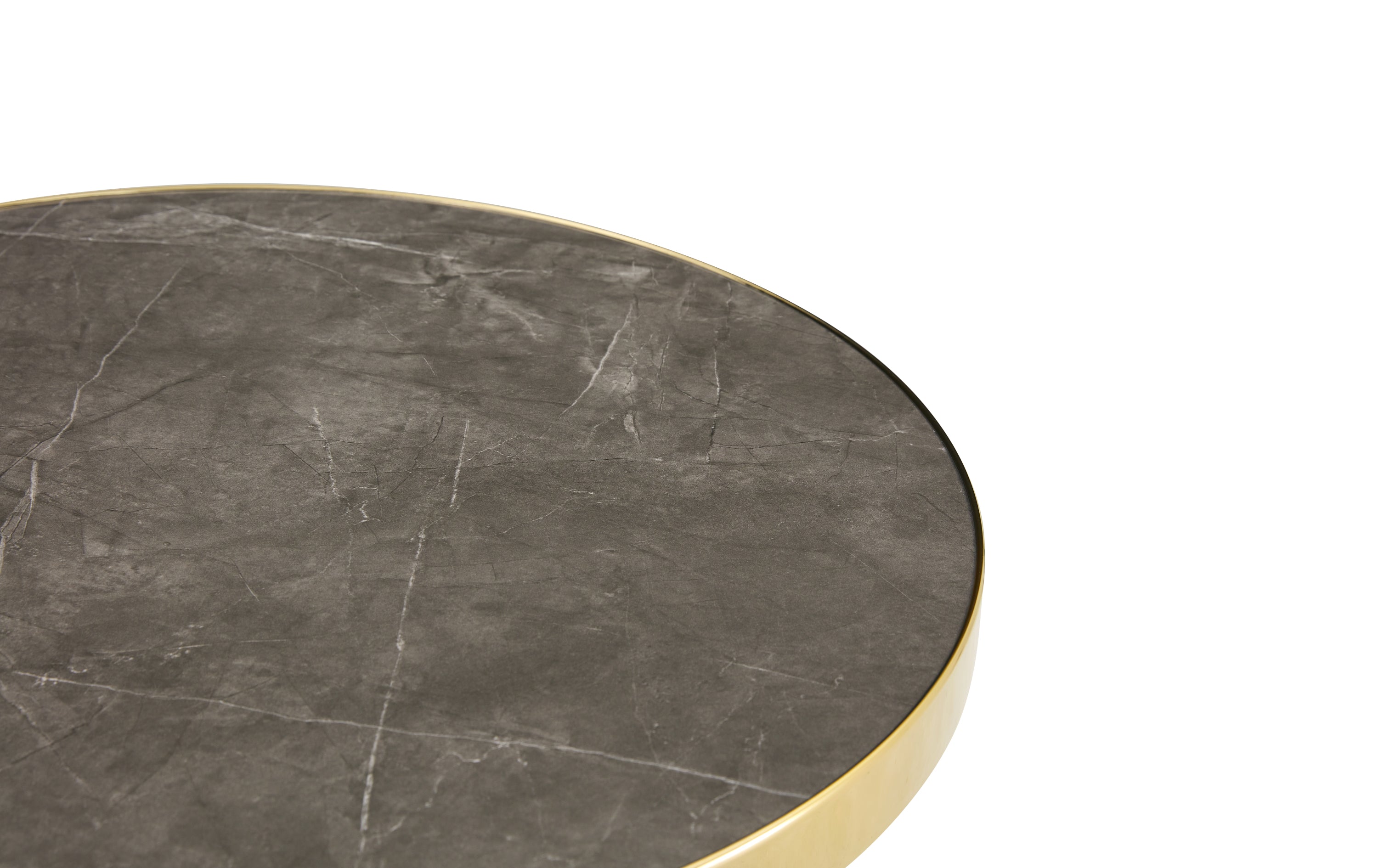 Close-up of the gray faux marble surface and gold rim of the bistro tabletop