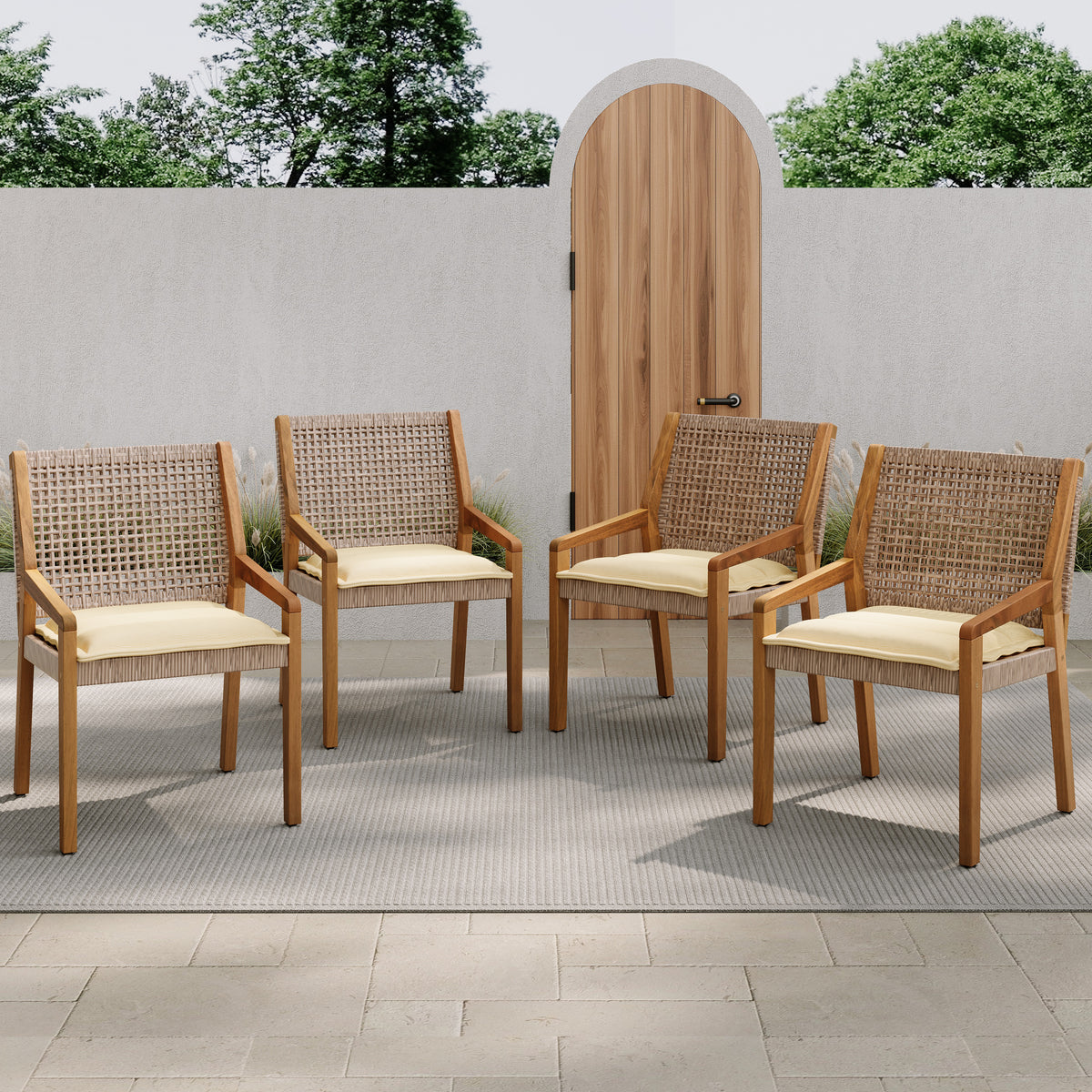 Teak Finish Solid Wood Outdoor Dining Chair, Set of 4, 32 in Tall