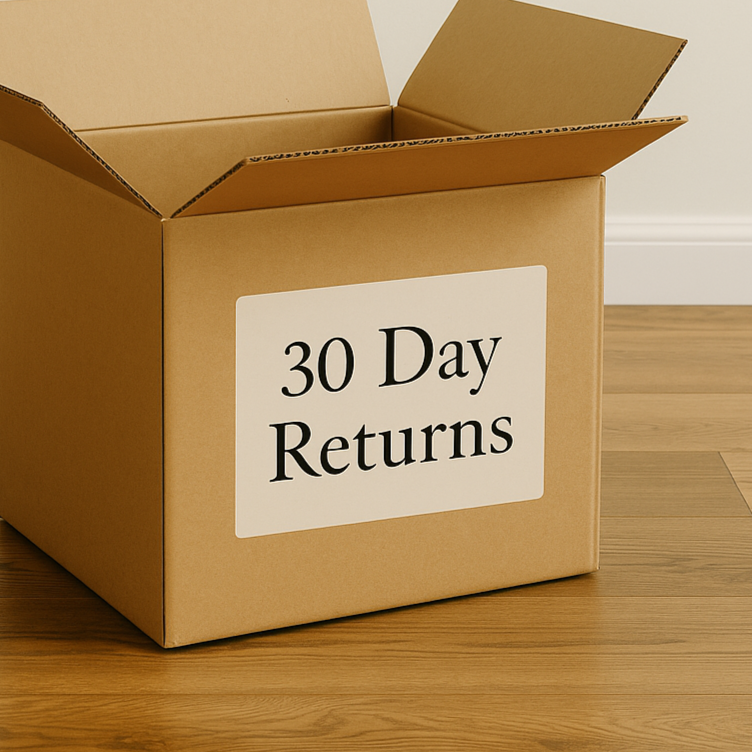 shipping box with a large label saying 30 day returns indicating the brand has a 30 day return policy