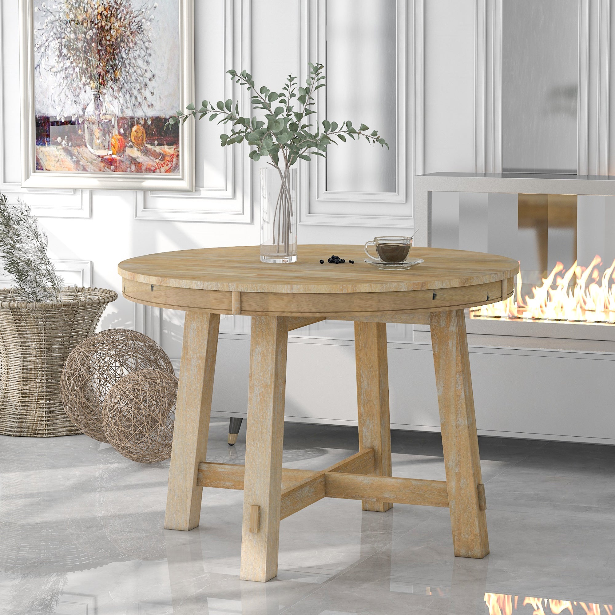Styled room with oak round dining table set to its smaller round size near a fireplace