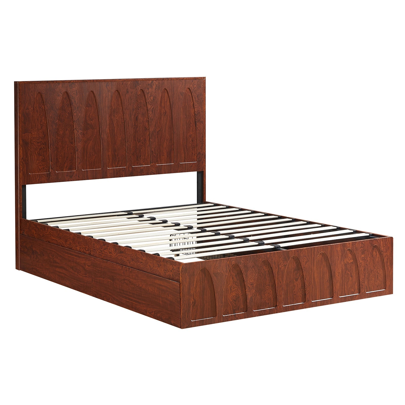Angled bare dark reddish-brown burl wood queen frame, wood slats exposed, arched footboard, on white #Color_Natural
