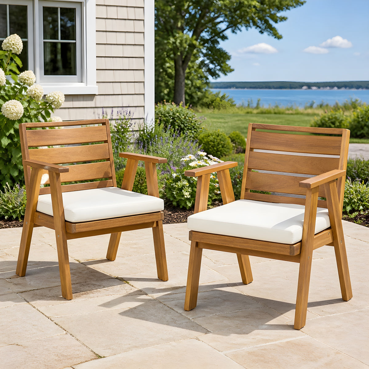 Teak Finish Solid Wood Outdoor Dining Chair, Set of 2, 31.1 in Tall