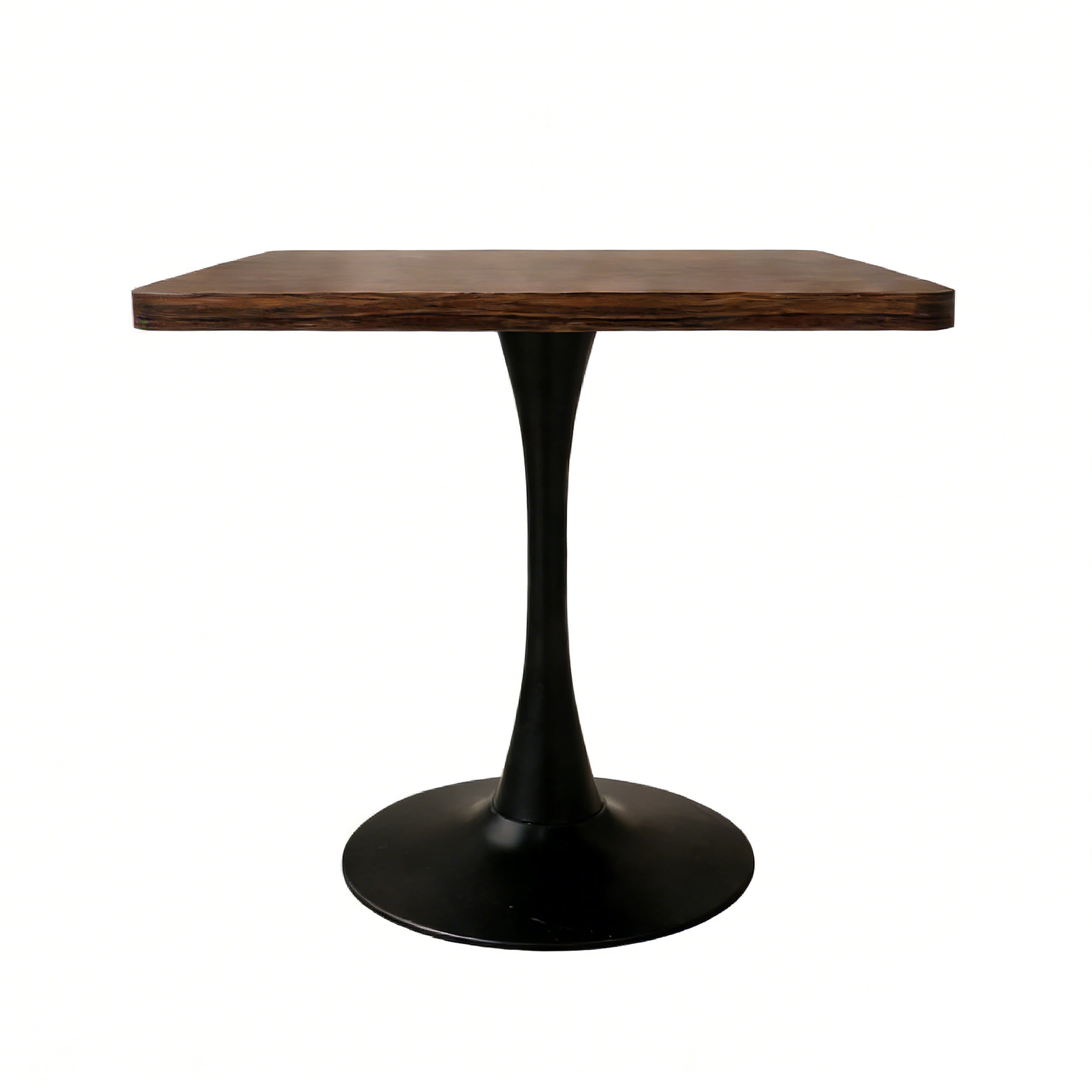 Front studio view of the walnut square tulip dining table on the black pedestal base, plain white background