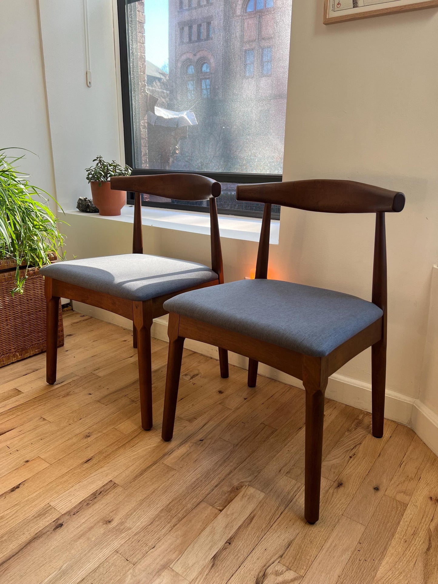 Midcentury Modern Dining Chair Set of 2 – Armless Solid Wood Chairs with Navy Upholstery