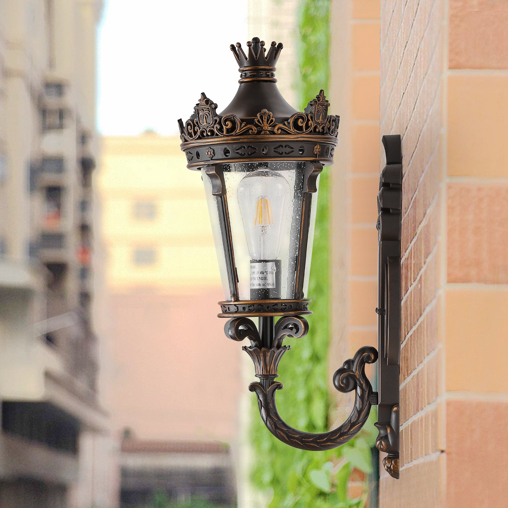 Outdoor Wall Lantern with Clear Glass Shade in Coffee and Gold