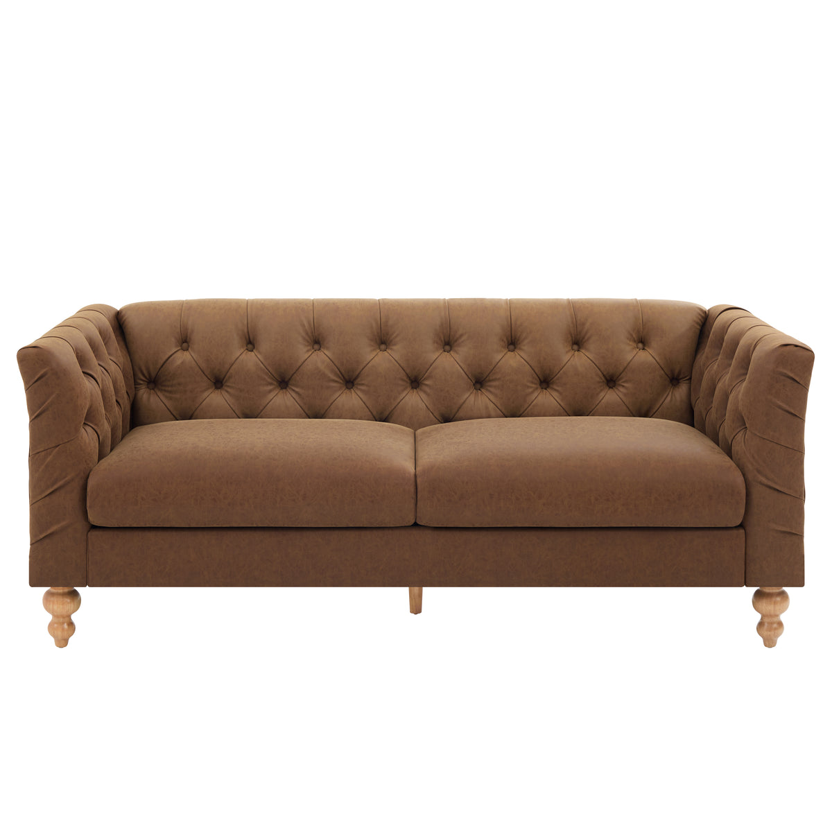 Brown Vegan Leather 3-Seat Chesterfield Sofa, 73.5 in Wide