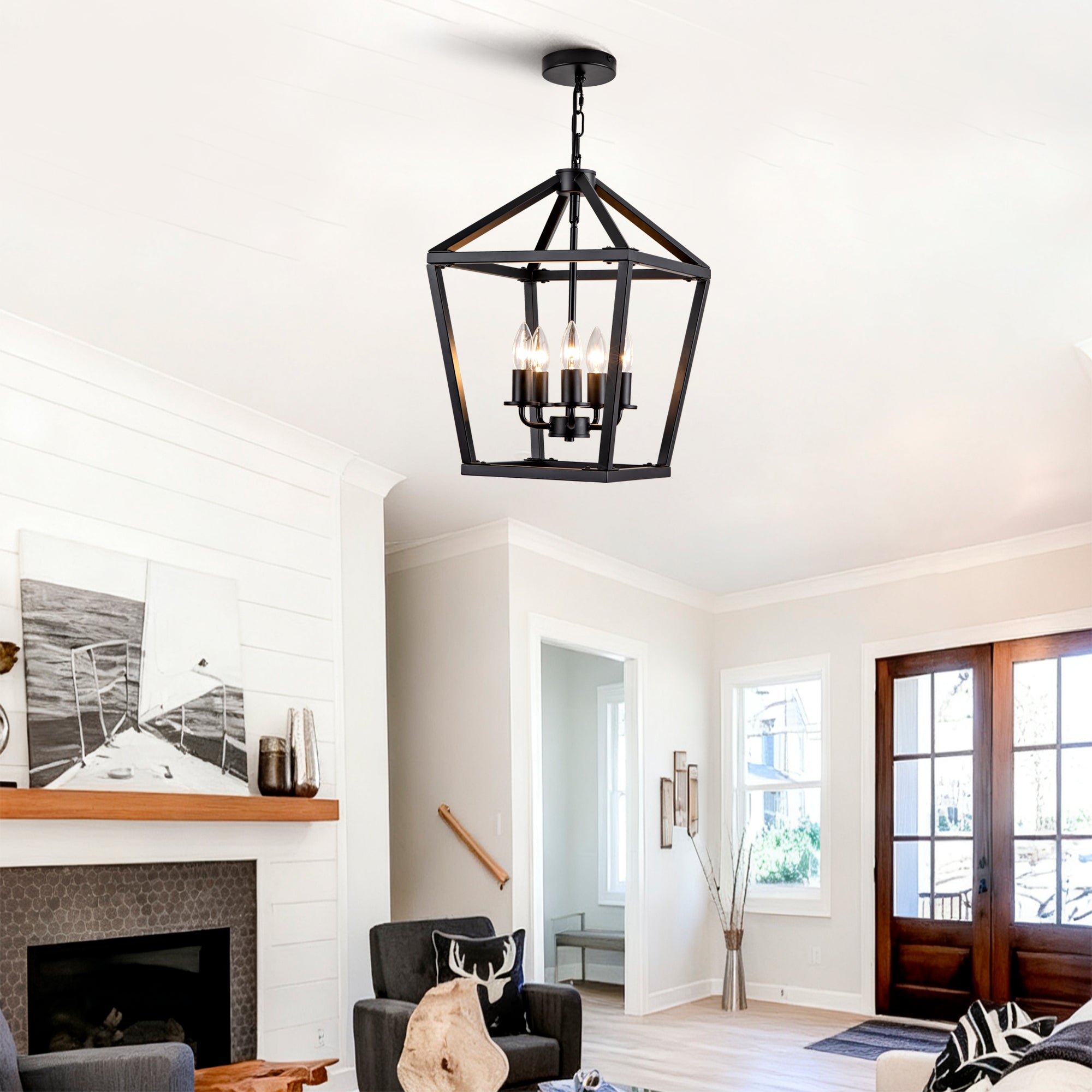Chandelier, 5-Light Farmhouse Lantern, Black Iron