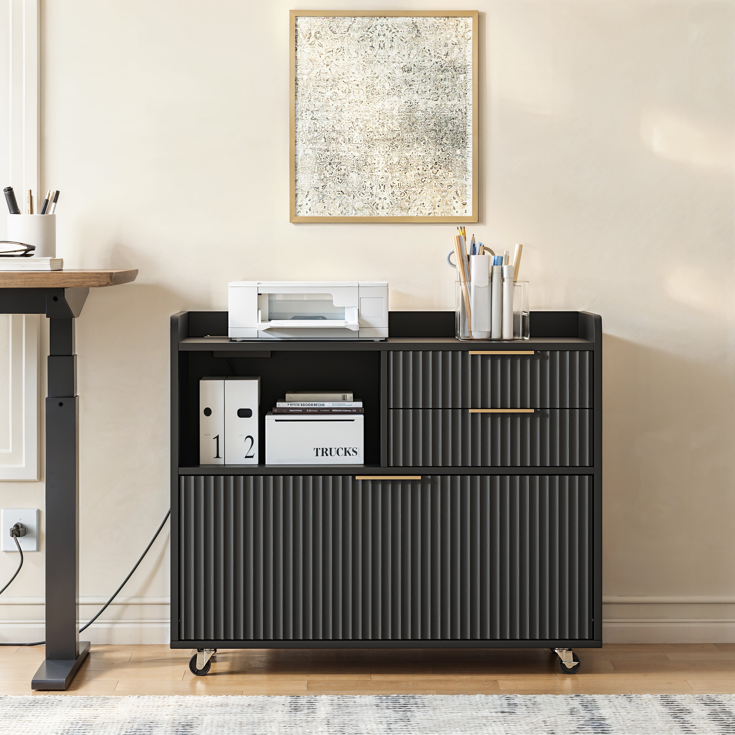 Rolling File Cabinet with Lock, 31.5 in, Black