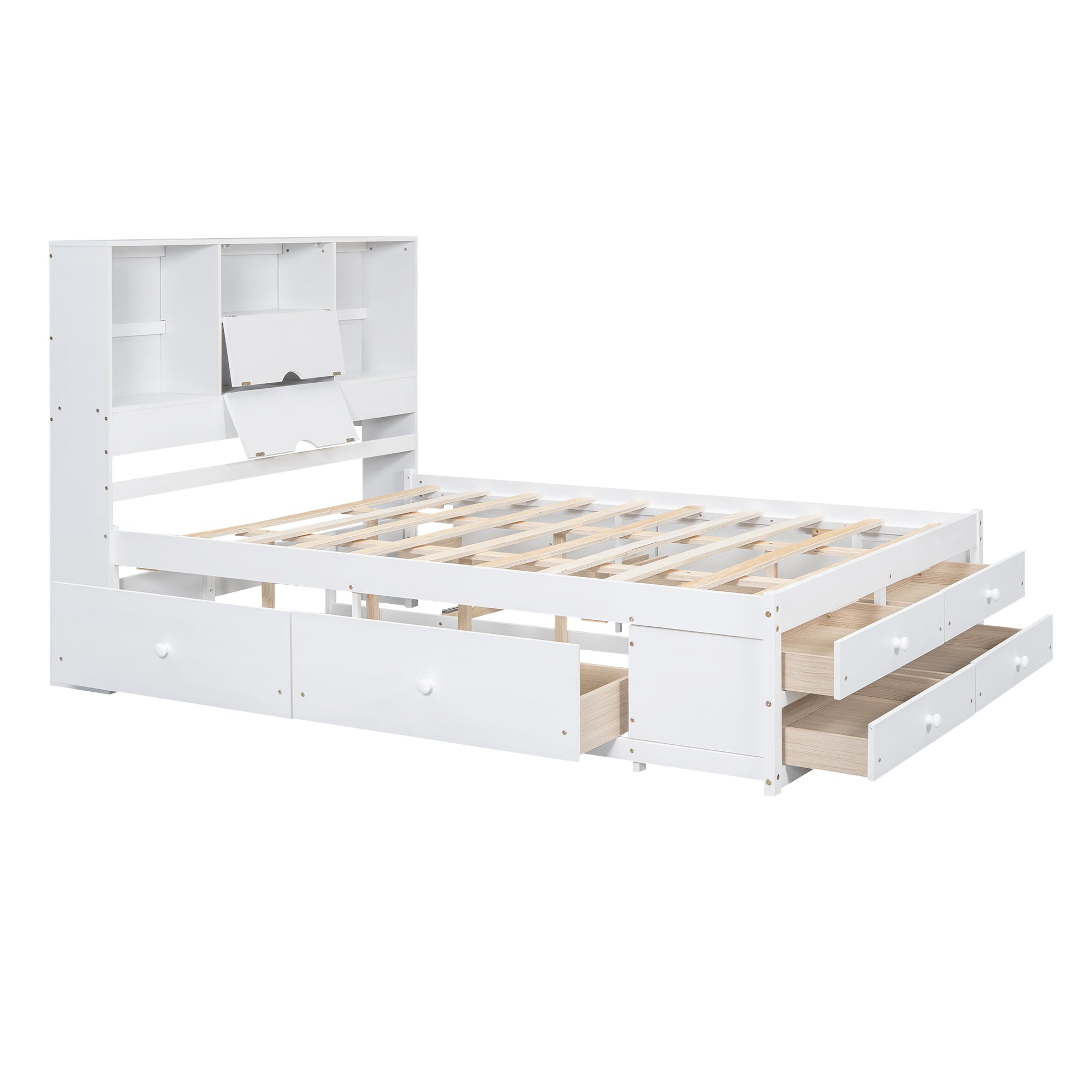 Angled bare view of the white storage bed with drop-down headboard doors open and slats visible