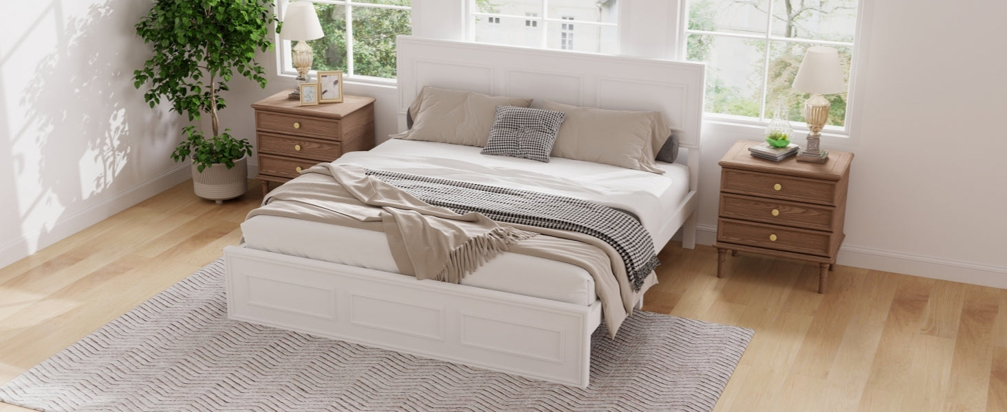 High side angle of the white queen bed frame with panel headboard, footboard and layered bedding #Color_White