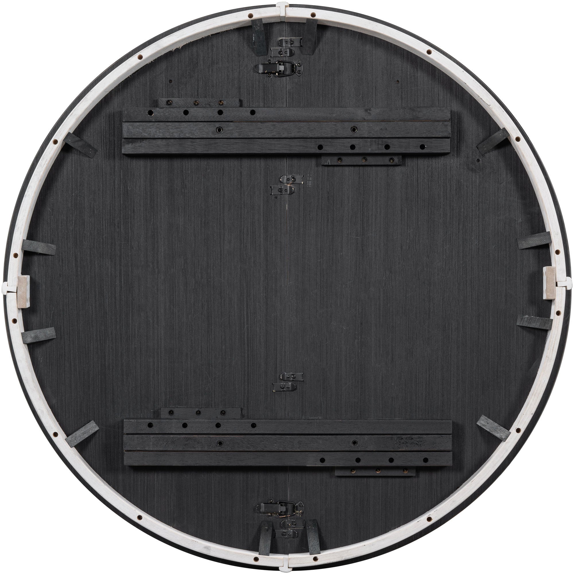 Underside studio view of the round table showing the black frame and slide rails