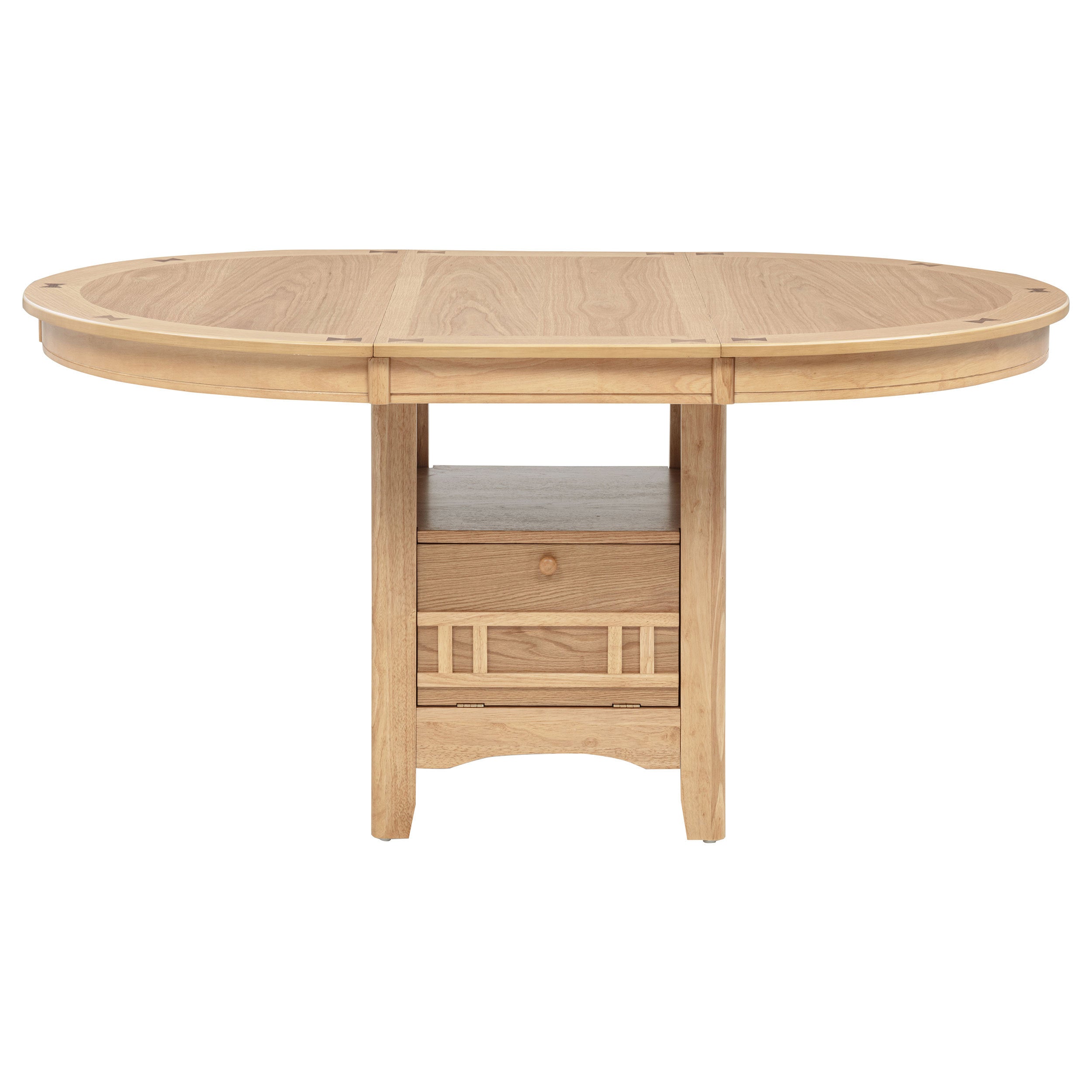 Light oak oval dining table, angled view on white studio background
