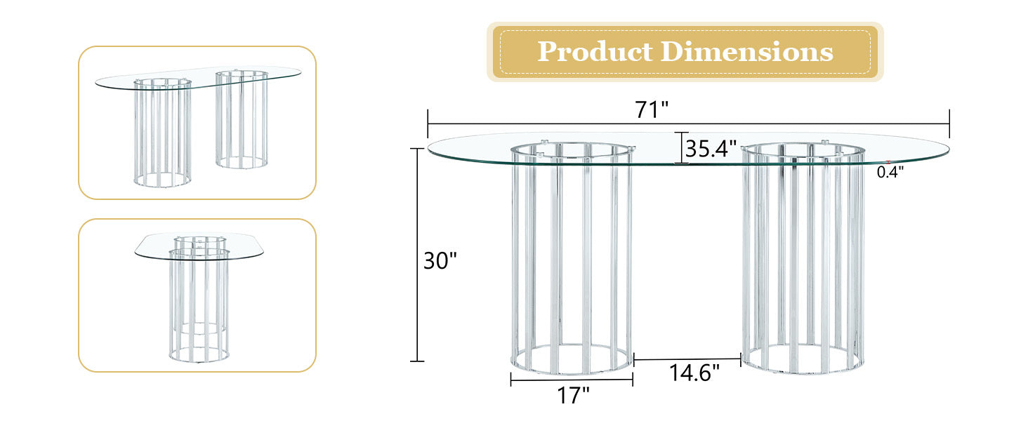 Dimension diagram with side views of the oval glass table, base 17 inches wide and 30 inches tall.