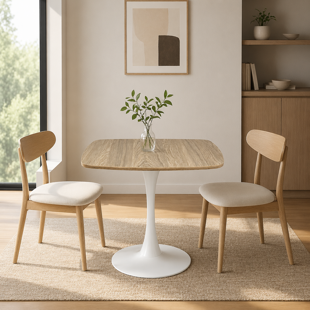 Faux oak square tulip bistro table with two oak dining chairs on a woven rug