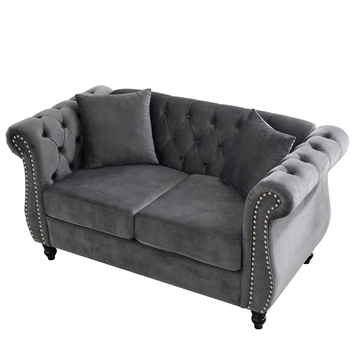 Gray Velvet 2-Seat Chesterfield Sofa, Nailhead Trim