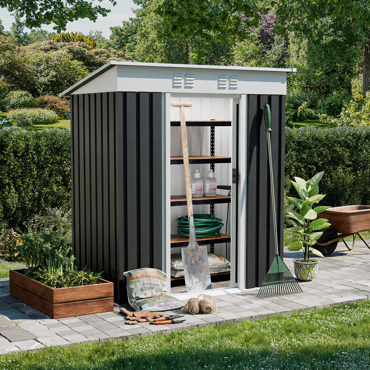 3x5 ft Gray Metal Storage Shed, Pent Roof