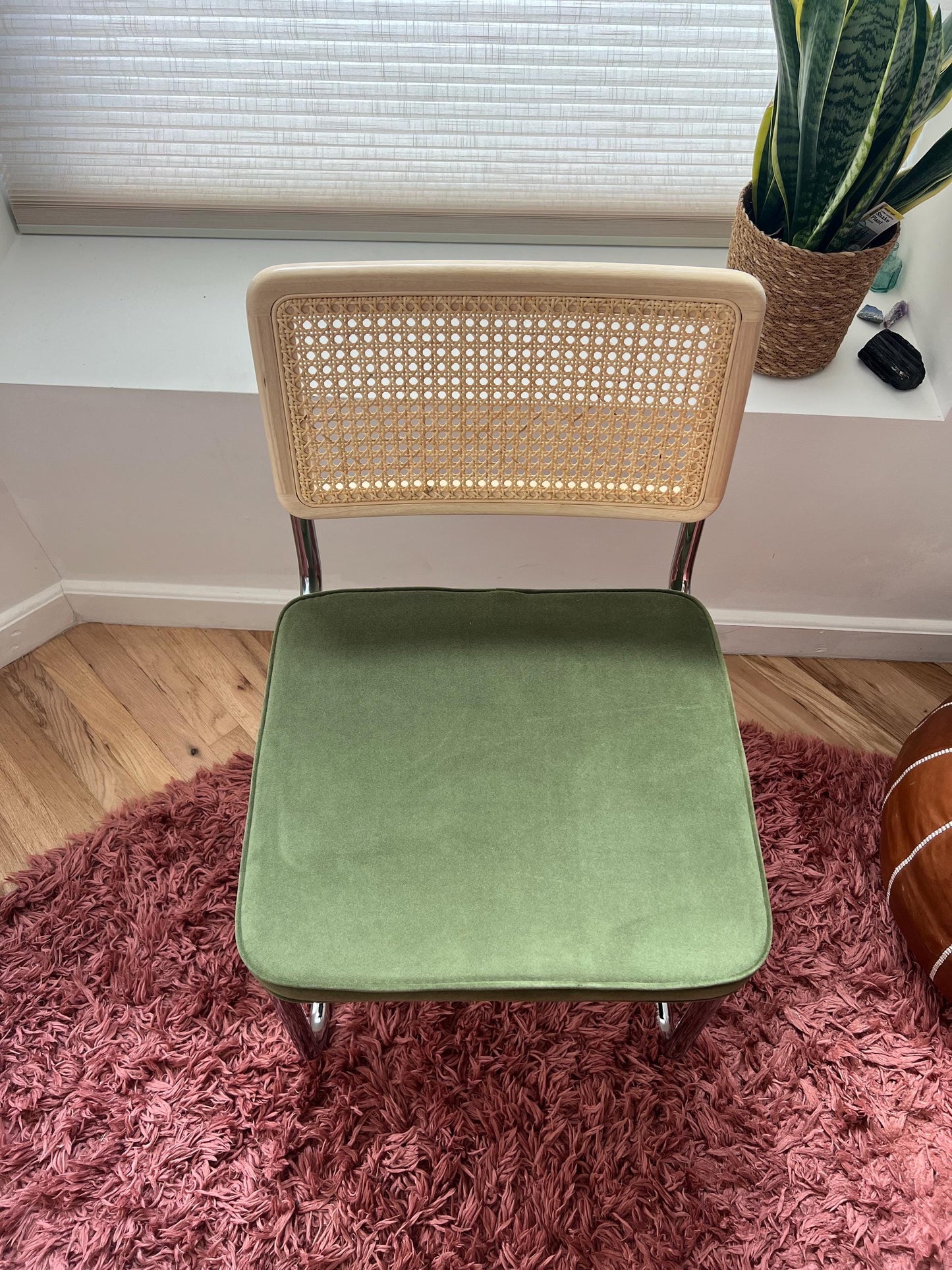 Midcentury Modern Dining Chair Set of 2 - Green Velvet with Rattan Accents