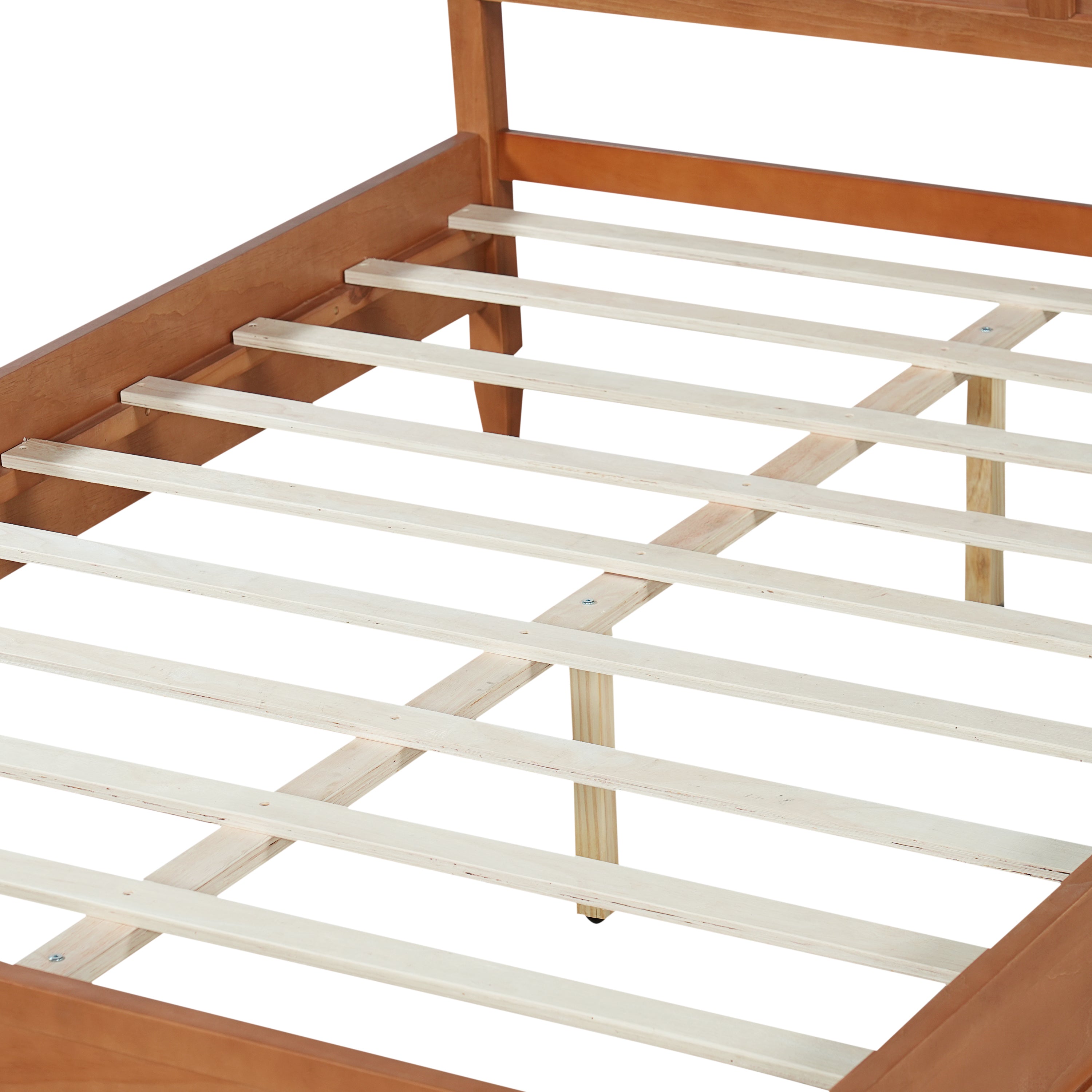 Overhead studio view of the brown platform bed wood slats and center support legs