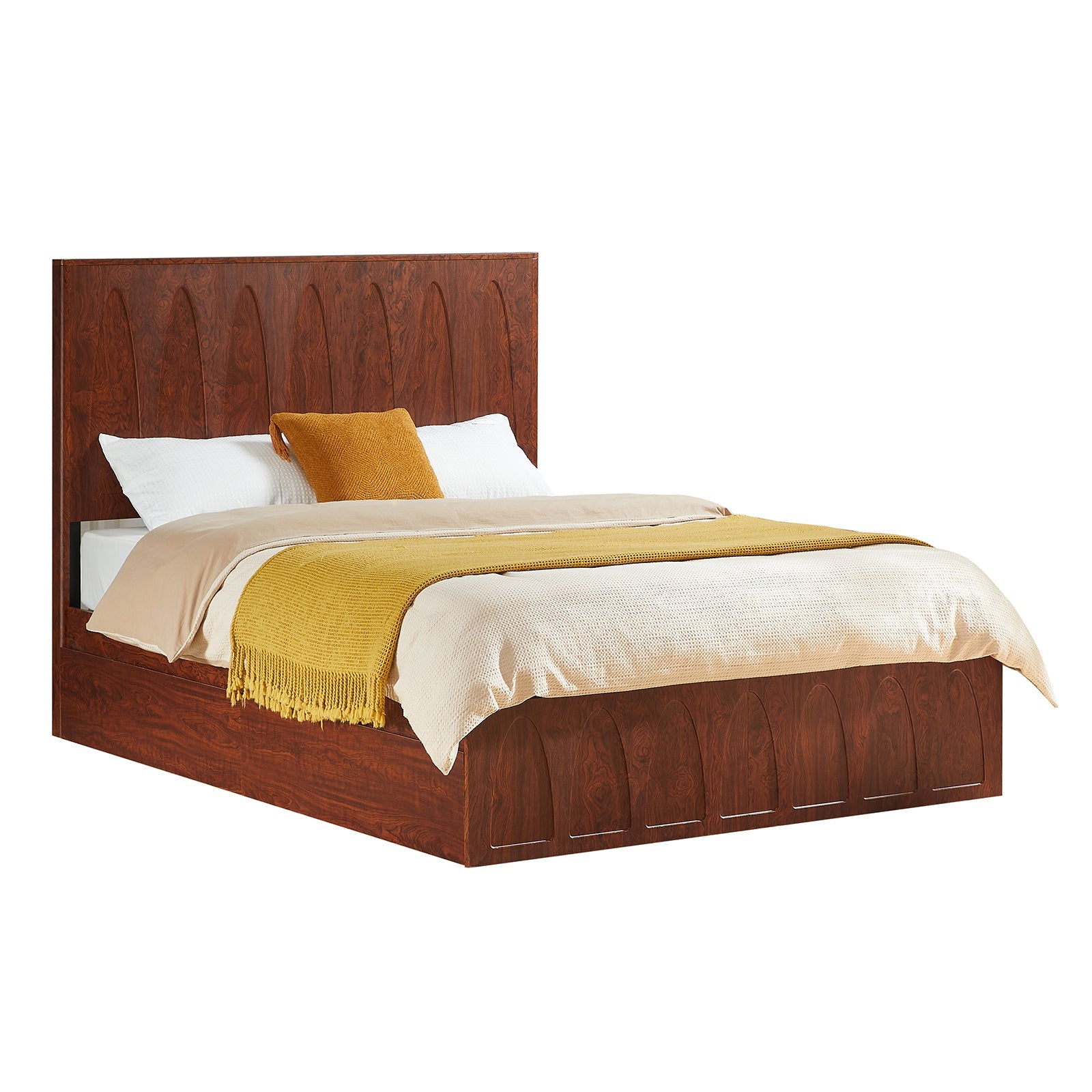 Angled dark reddish-brown burl wood queen platform bed, drawers closed, made with bedding, on white #Color_Natural