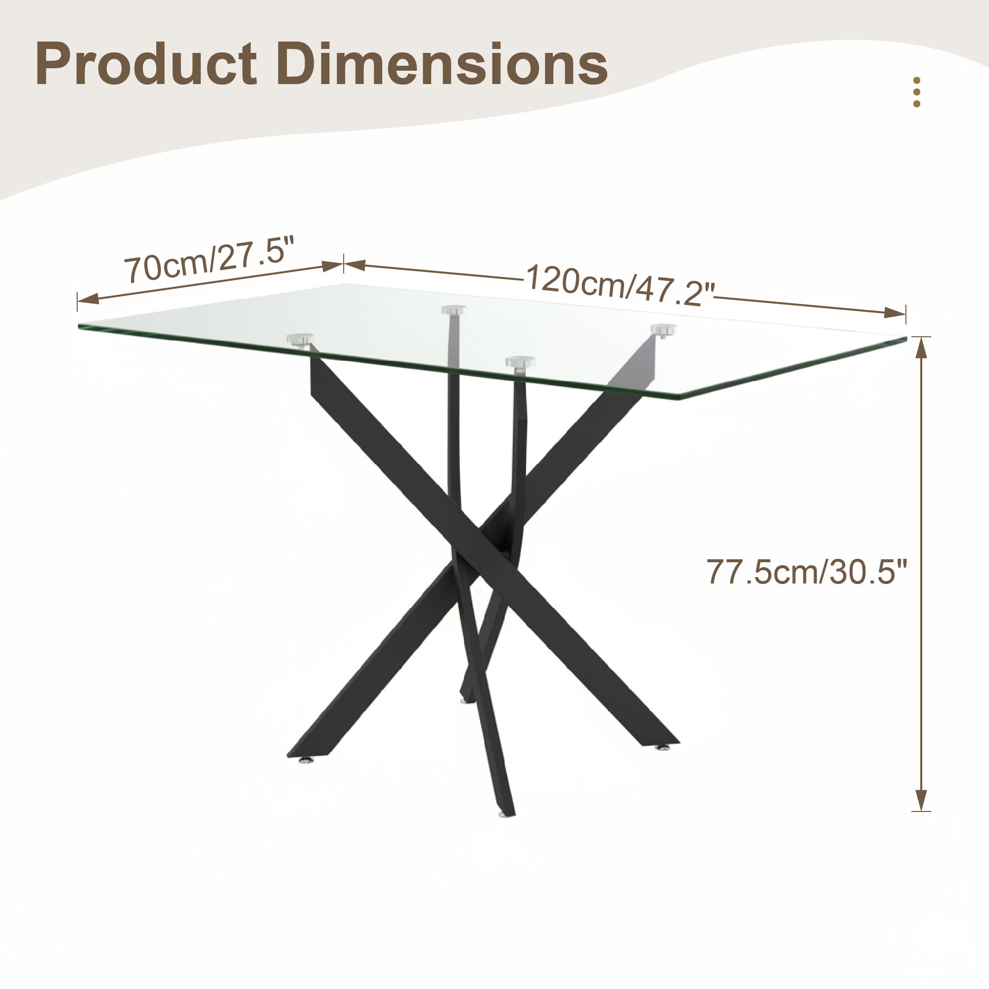 Dimension diagram of the glass table, 47.2 inch length, 27.5 inch width, 30.5 inch height