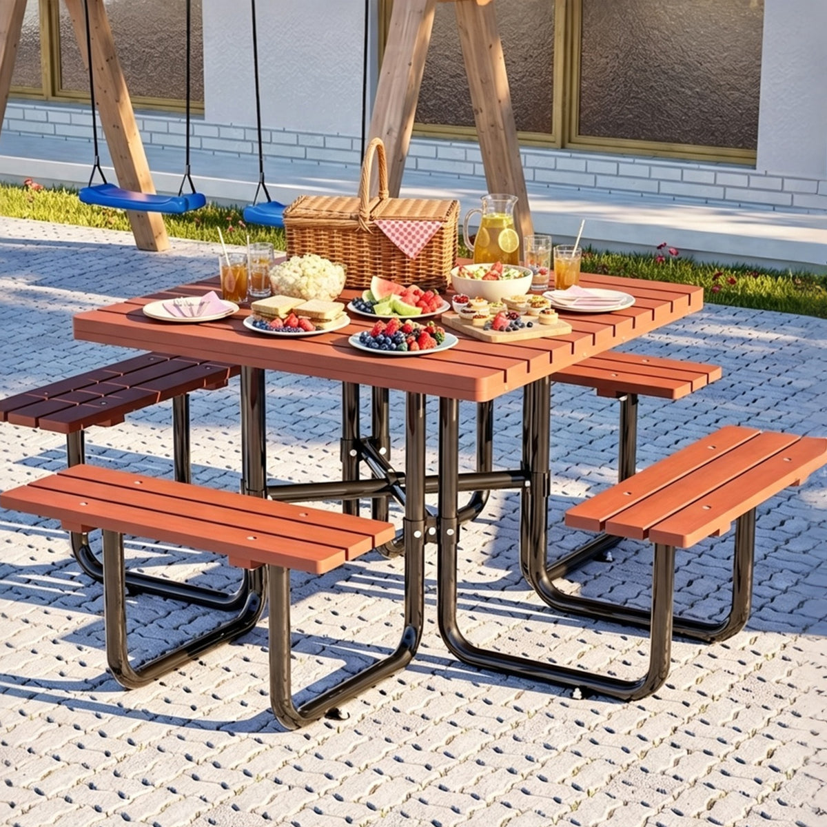 Brown Metal Square Picnic Table with Umbrella Hole