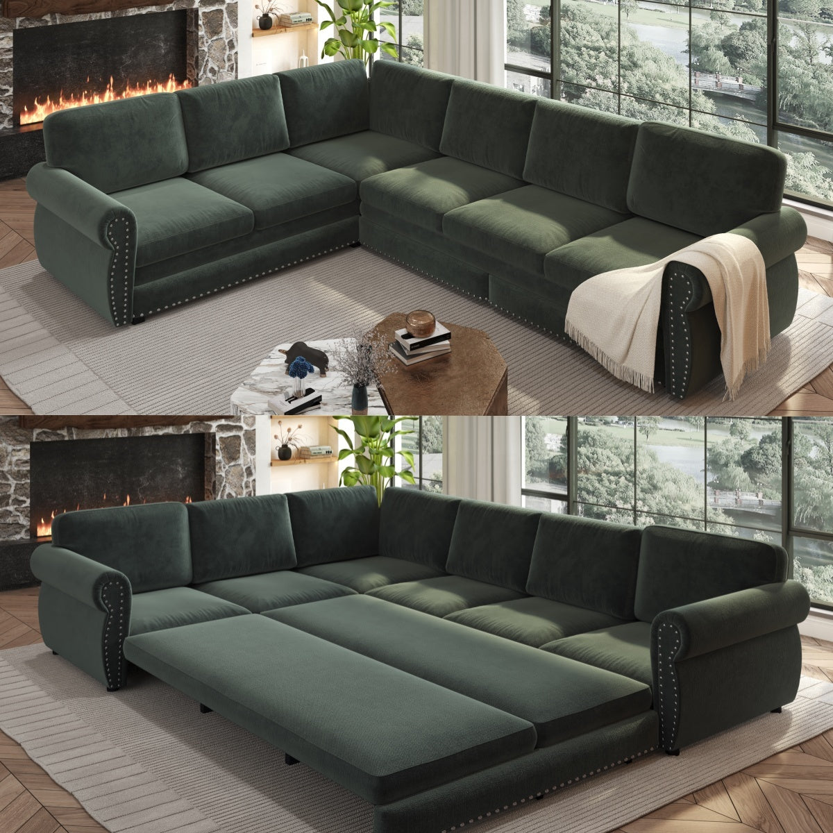 Green Chenille L-Shaped Sleeper Sectional, 118 in Wide