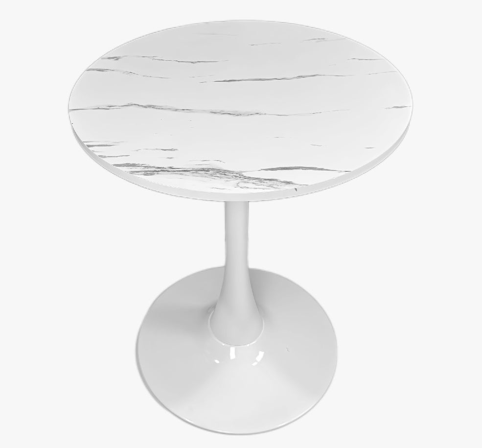 White faux marble tulip bistro table on a plain white studio background, three-quarter view