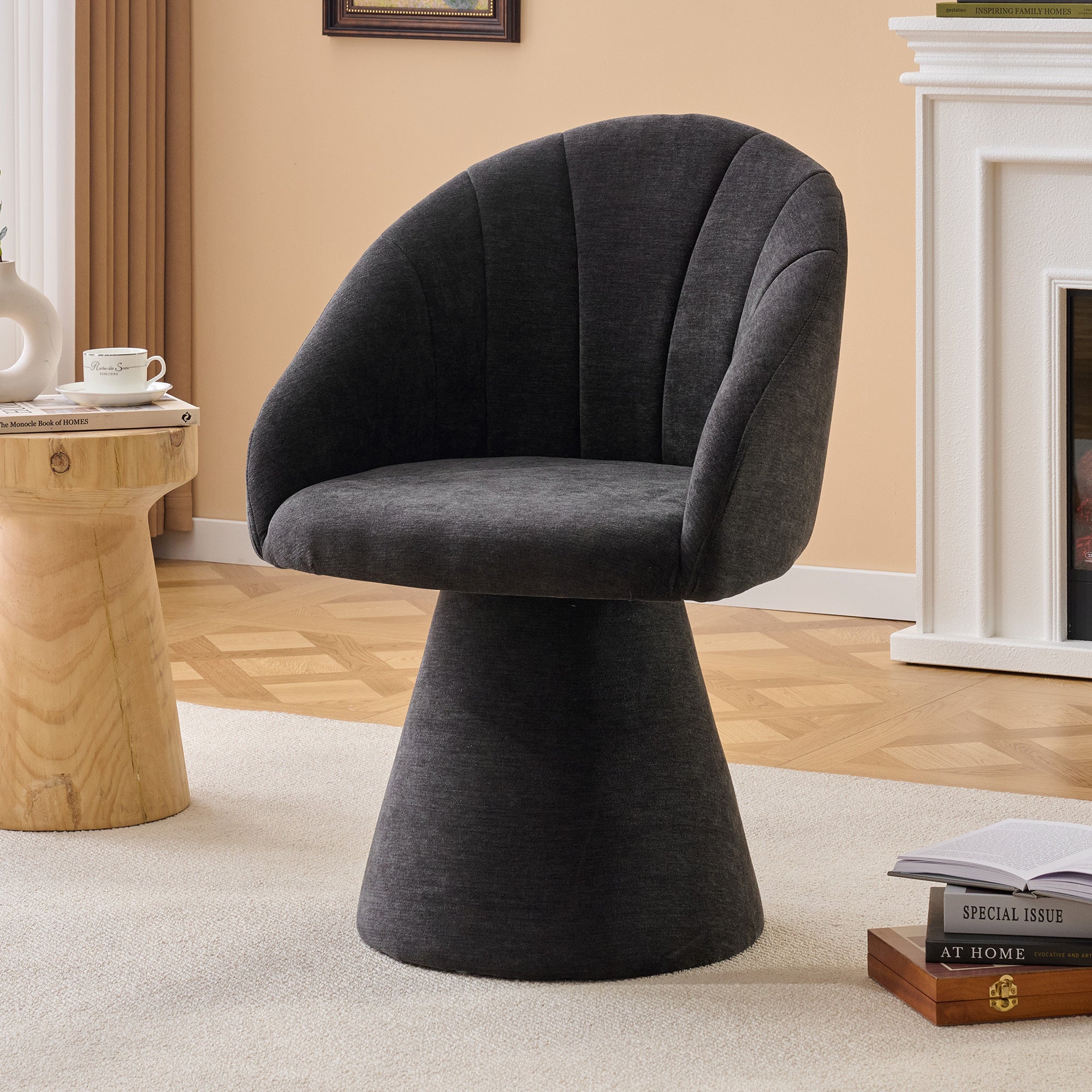 Chenille Swivel Dining Chair, Charcoal Grey with Tufted Back
