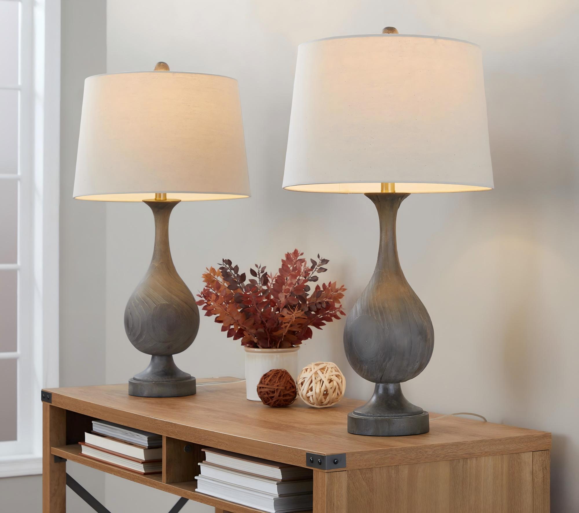 Table Lamp Set of 2, Wood-Tone Polyresin Base, Brass Accents