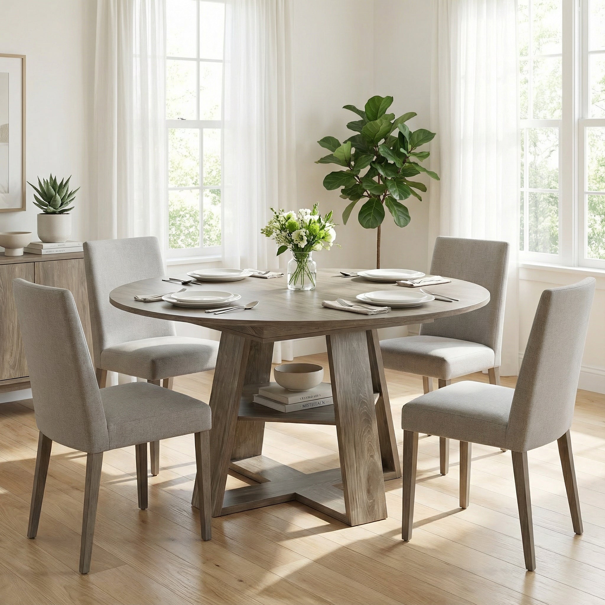Styled dining room with the compact gray round table set for four