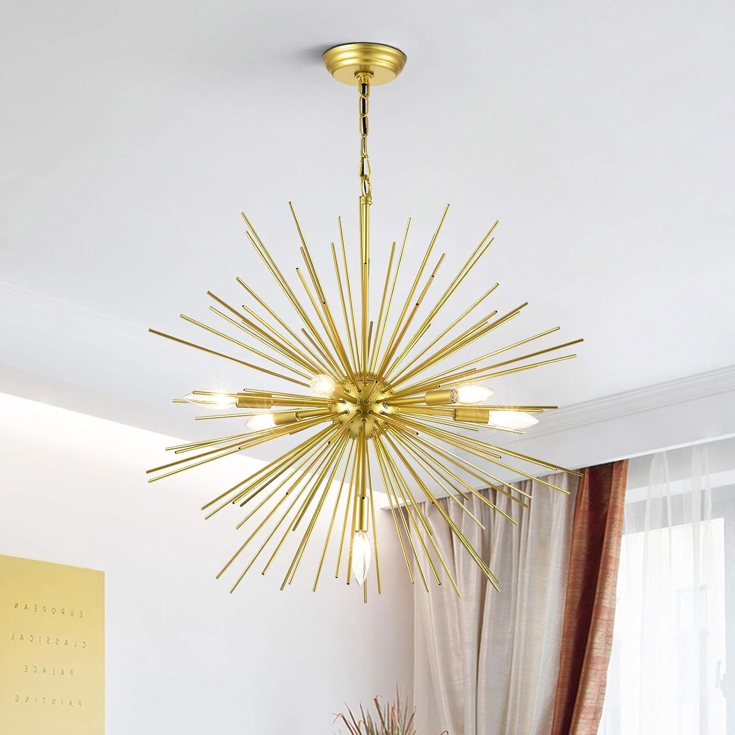 Chandelier, Mid-Century Modern Metal Design, Gold