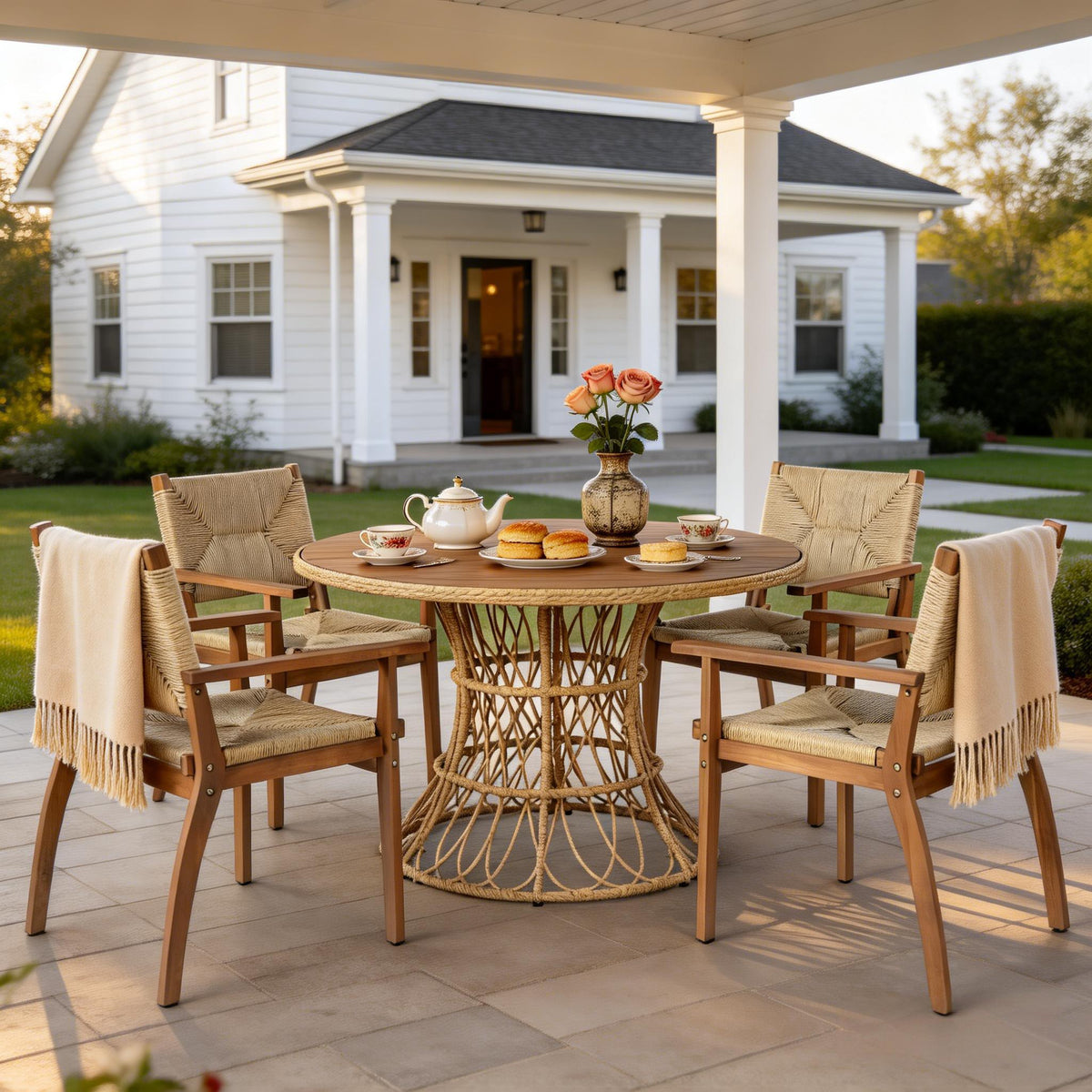 Teak Finish Solid Wood 5-Piece Patio Dining Set, with Arms