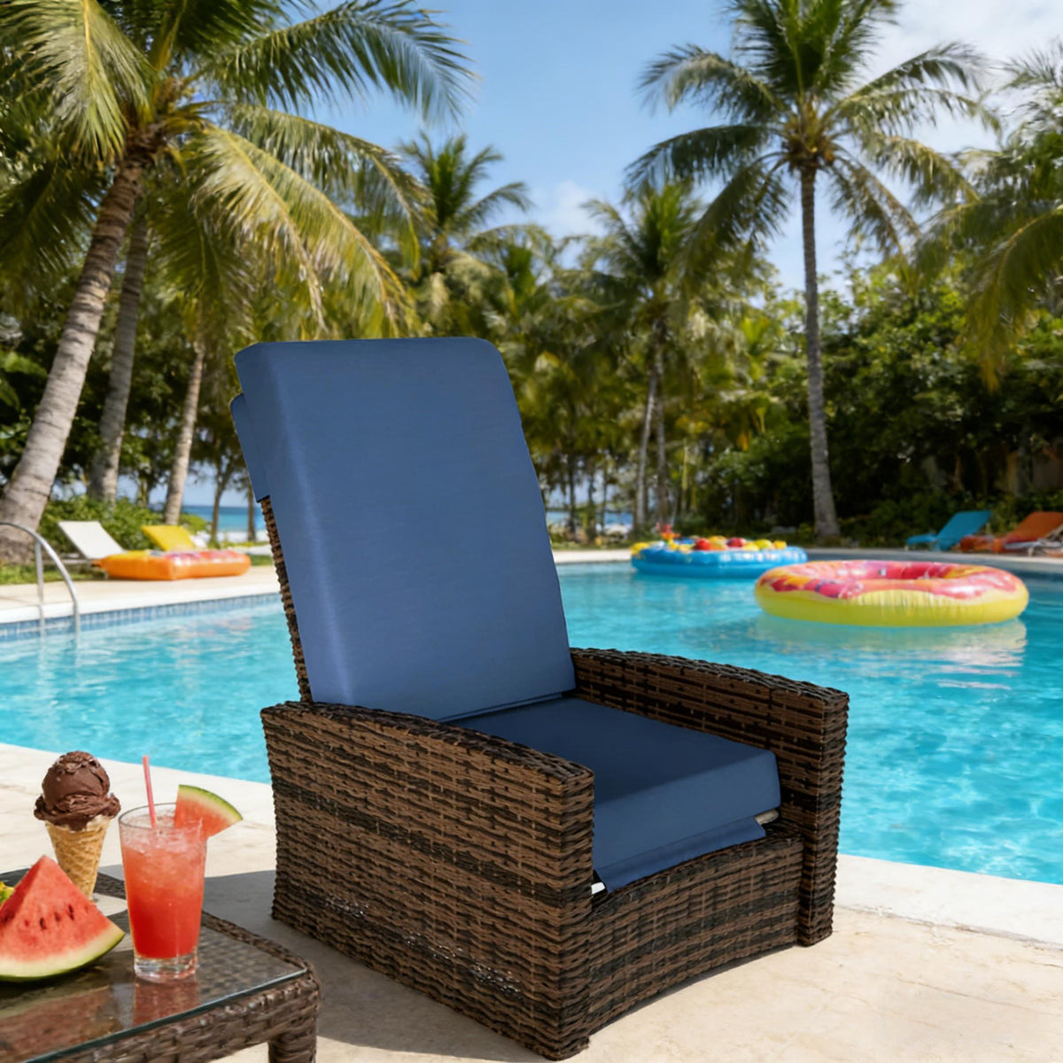 Blue Wicker Outdoor Swivel Recliner Chair