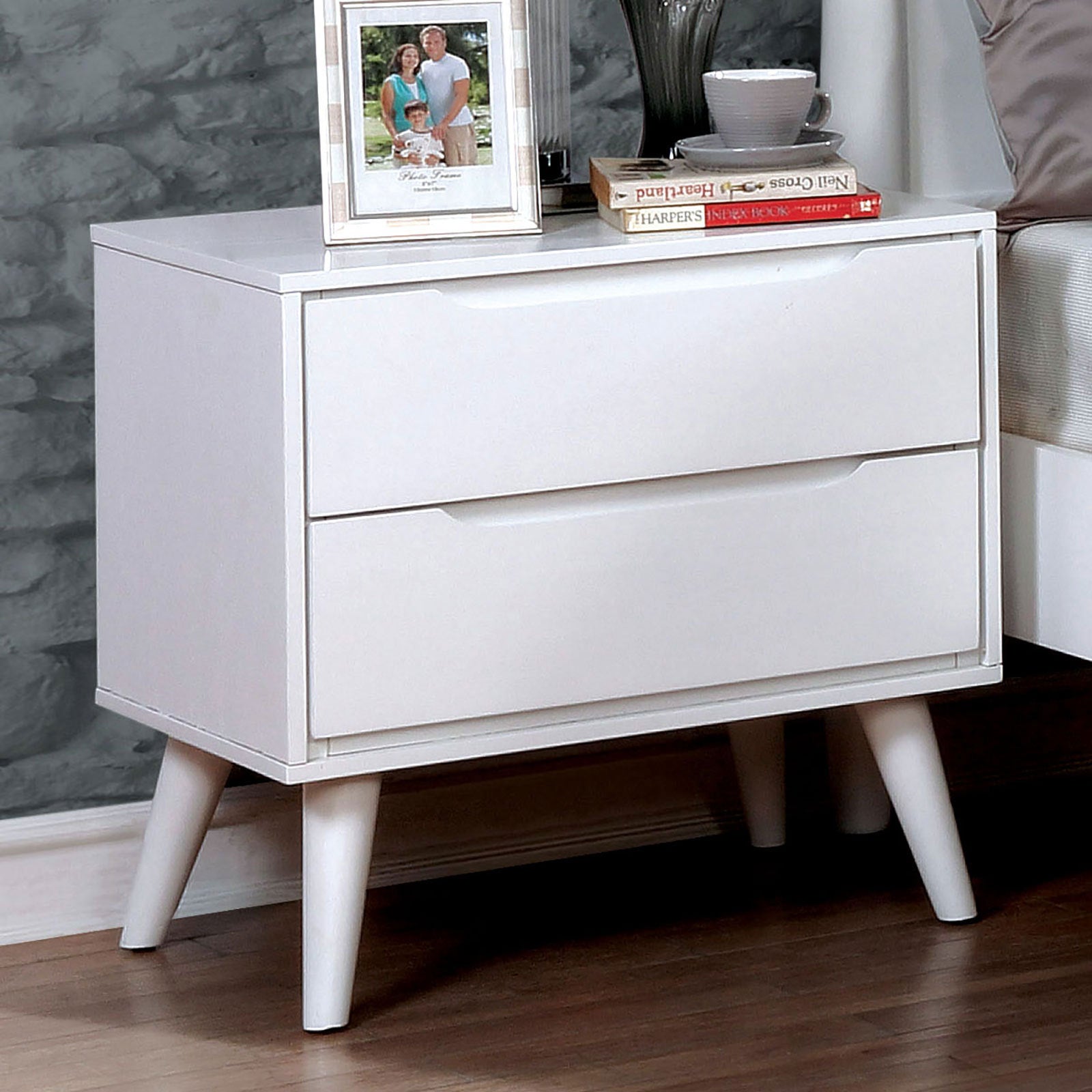 Mid-Century Solid Wood 2-Drawer Nightstand, White