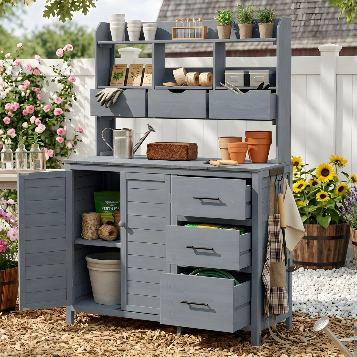 Gray Solid Wood Potting Bench, 65 in Tall, 19.5 in Deep