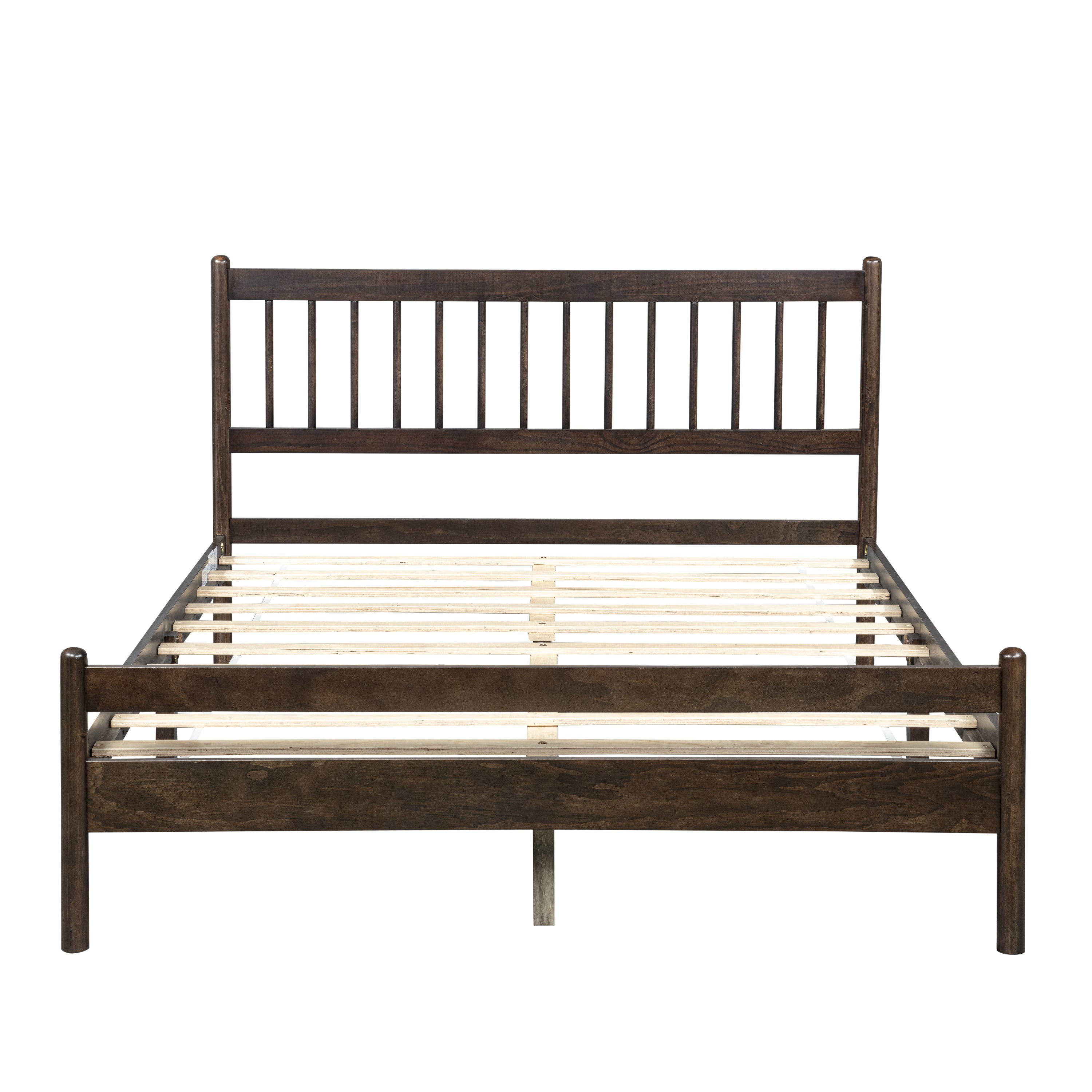 Side profile of the brown queen bed frame showing the tall spindle headboard and shorter footboard #Color_Brown
