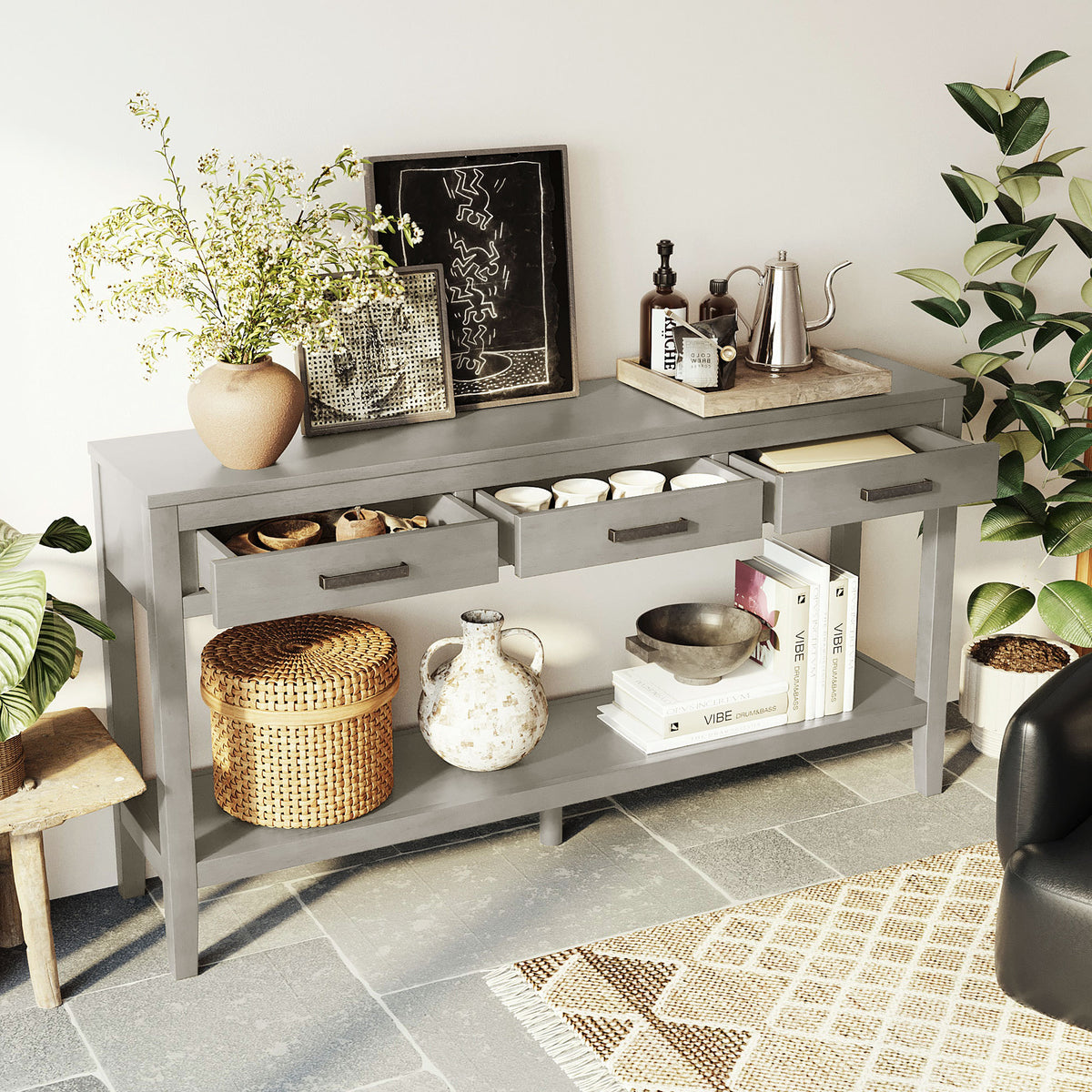 Gray Entryway Console Table, 3 Drawers, 59.1 in Wide