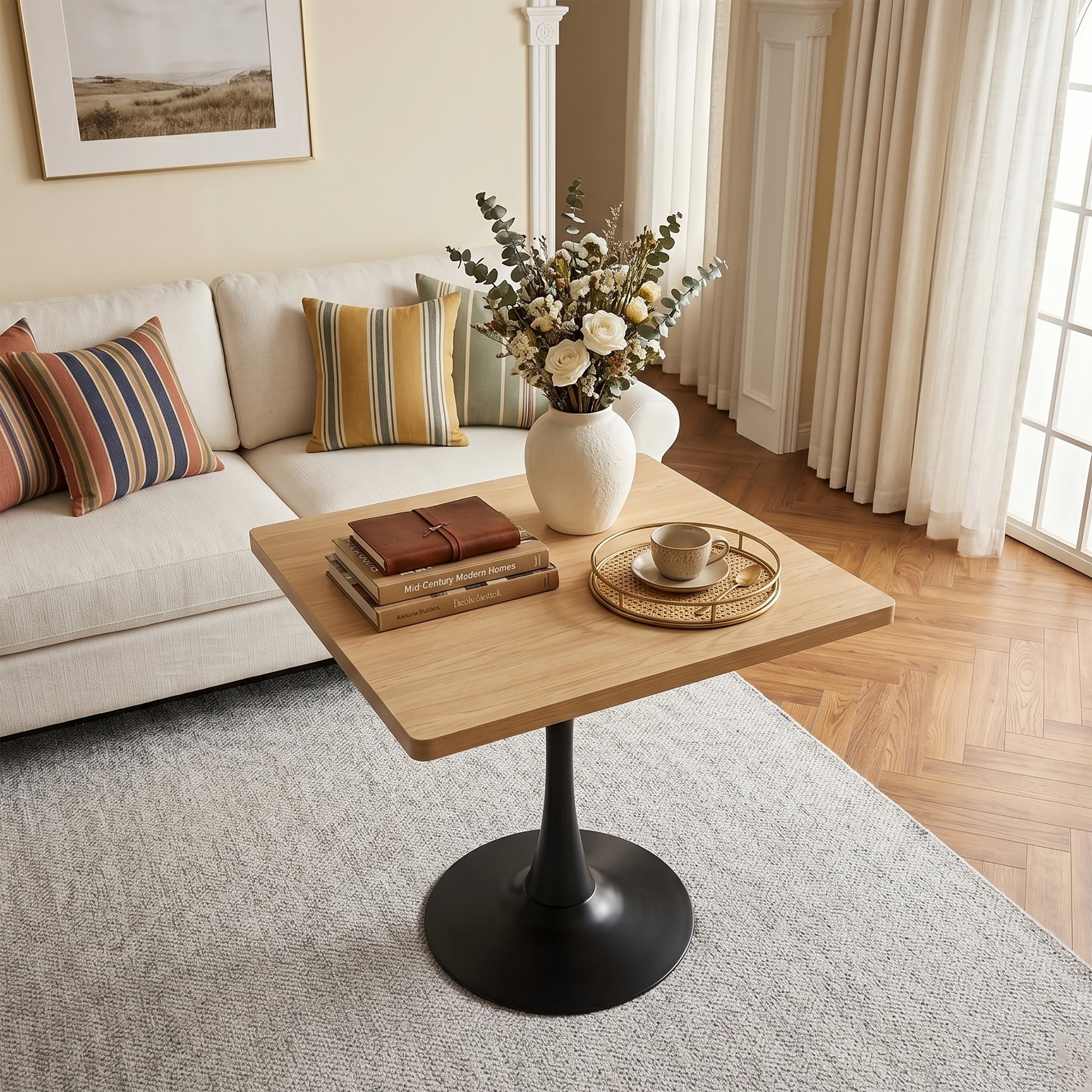 Overhead angled view of the natural square tulip table used as a coffee table with flowers and books by a sofa