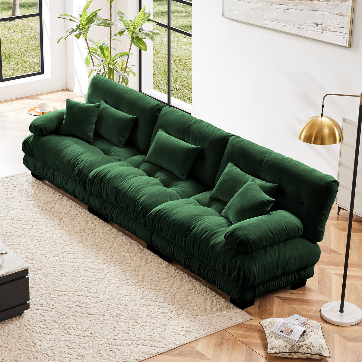 Green Chenille Modular Sectional Couch, Deep Seat