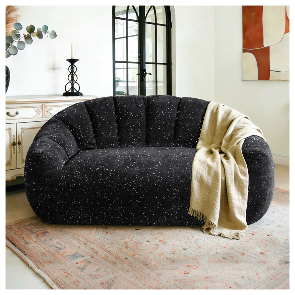 Black Faux Fur Couch, 55 in Wide