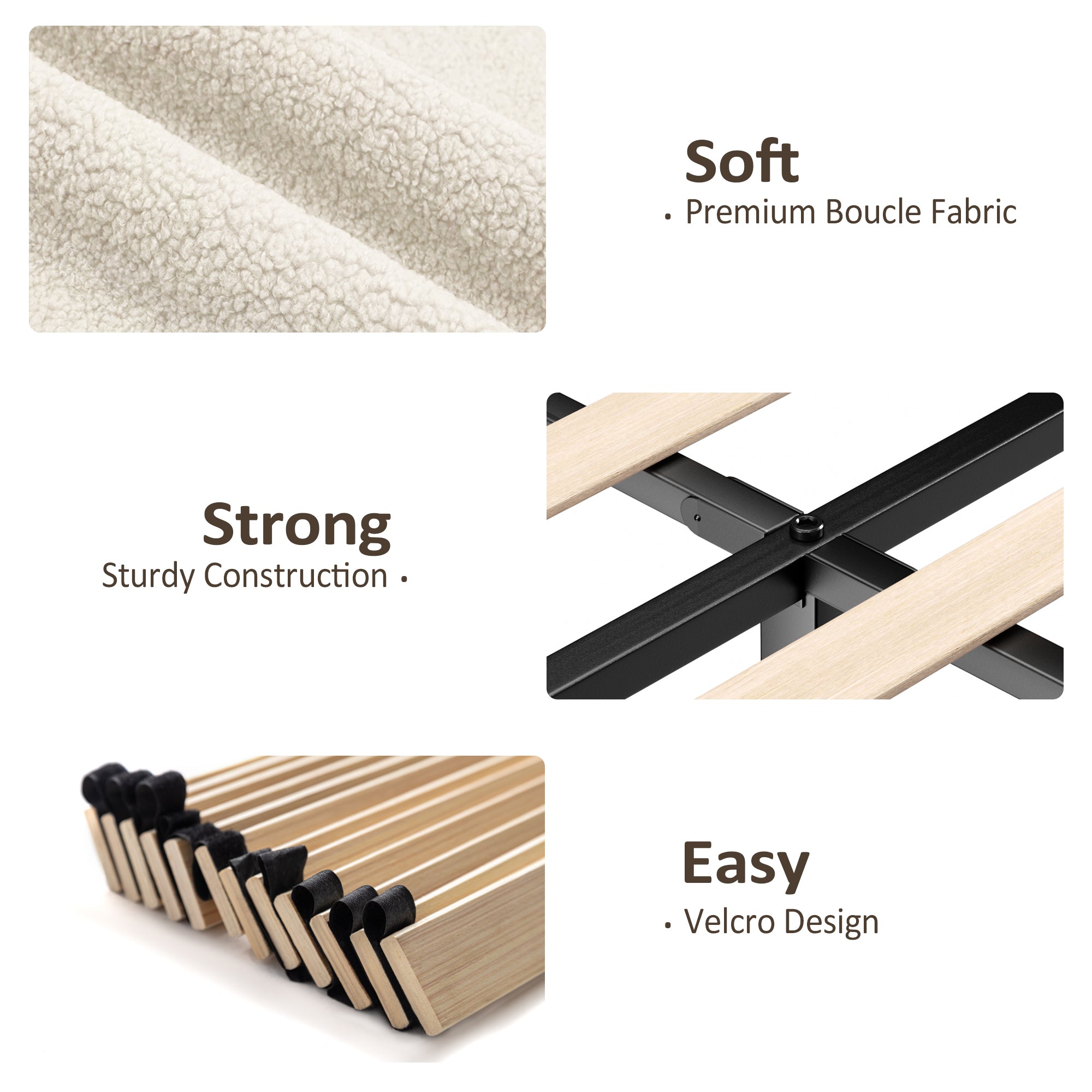 Close-ups of the beige boucle fabric, a metal cross-bar slat joint and velcro straps securing the wood slats