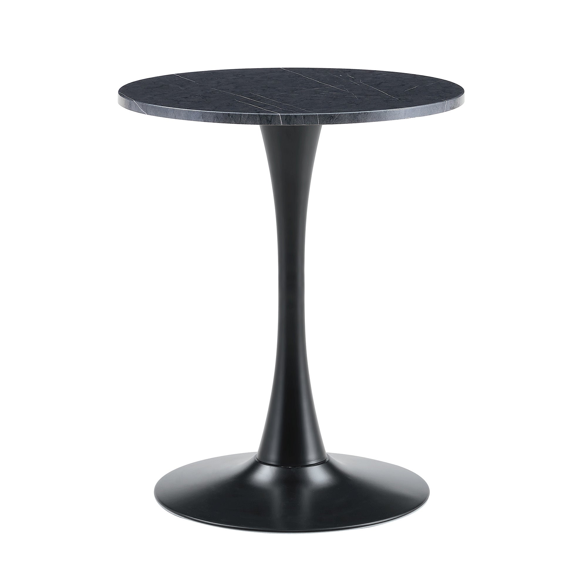 Black faux marble round bistro table with a black tulip pedestal on a plain white background, three-quarter view