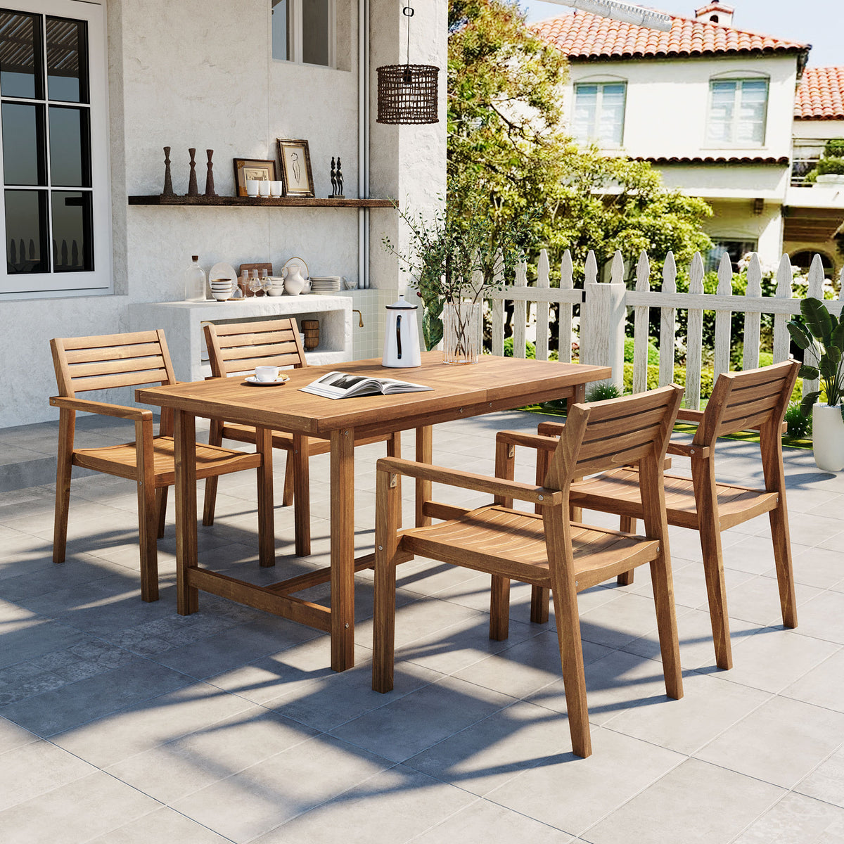 Natural Solid Wood 5-Piece Patio Dining Set for 4 with Umbrella Hole